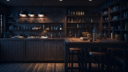3D rendering of a dark bar interior with a lot of shelves. creative AIの素材
