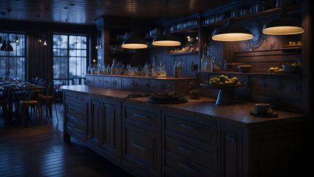 3d rendering of a bar counter in a dark pub or restaurant generative AIの素材