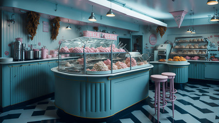 3d render of ice cream shop interior with shelves and shelves. creative AIの素材