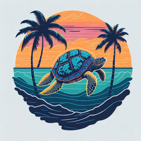 Turtle on the beach and palm trees. Vector illustration in retro style.の素材
