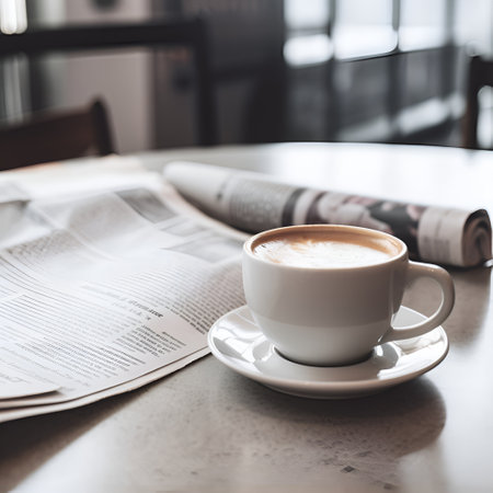 mug of coffee or tea on the table, newspaper and coffee in the morning before work, breakfast. Generative AIの素材