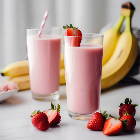 Banana and strawberry milkshake, healthy breakfast. Generative AIの素材