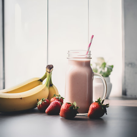 Banana and strawberry milkshake, healthy breakfast. Generative AIの素材