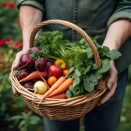 A man in a dark shirt in the garden, holding a wicker basket of vegetables. Vegetables in a wicker basket, eco-friendly vegetables in the garden. Generative AIの素材