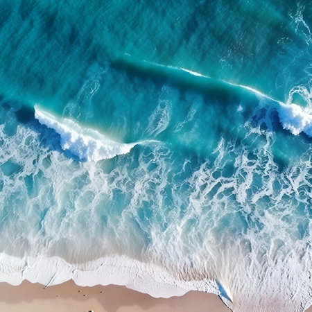 Beautiful waves on the azure beach, beautiful sandy ocean shore. Generative AIの素材