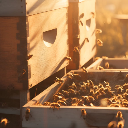 A swarm of bees collects nectar from flowers. Healthy Organic Farm Honey. The bees fly into the bee hive and enter the hive with the collected flower nectar and pollen. Al Generateの素材
