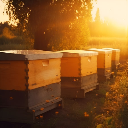 A swarm of bees collects nectar from flowers. Healthy Organic Farm Honey. The bees fly into the bee hive and enter the hive with the collected flower nectar and pollen. Al Generateの素材