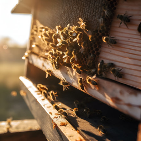 A swarm of bees collects nectar from flowers. Healthy Organic Farm Honey. The bees fly into the bee hive and enter the hive with the collected flower nectar and pollen. Al Generateの素材