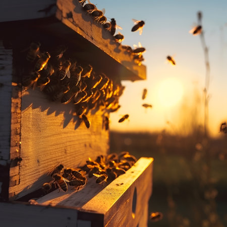 A swarm of bees collects nectar from flowers. Healthy Organic Farm Honey. The bees fly into the bee hive and enter the hive with the collected flower nectar and pollen. Al Generateの素材
