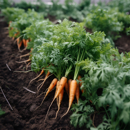Young juicy carrots on a bed in the garden, eco products, gardening theme. Generative AIの素材