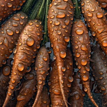 young juicy carrots close-up on the table with water drops. fresh food, eco products, gardening theme. Generative AIの素材