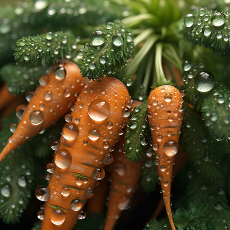 young juicy carrots close-up on the table with water drops. fresh food, eco products, gardening theme. Generative AIの素材
