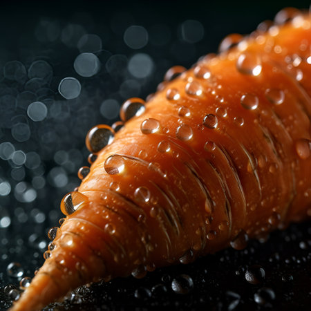 young juicy carrots close-up on the table with water drops. fresh food, eco products, gardening theme. Generative AIの素材
