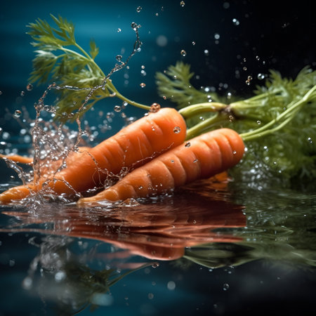 young juicy carrots close-up on the table with water drops. fresh food, eco products, gardening theme. Generative AIの素材
