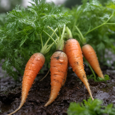 Young juicy carrots on a bed in the garden, eco products, gardening theme. Generative AIの素材