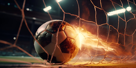 fireball breaks through the football goal net, game and sports theme, victory theme, fireball. Generative AIの素材