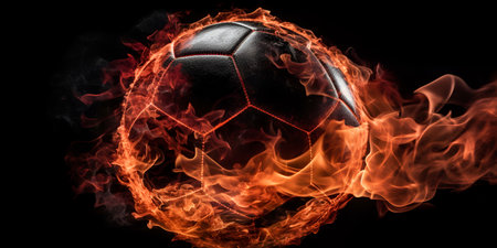 fireball breaks through the football goal net, game and sports theme, victory theme, fireball. Generative AIの素材