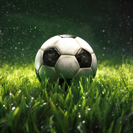 Soccer ball on green grass close up, game and sport theme. Generative AIの素材