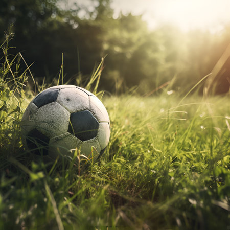 Soccer ball on green grass close up, game and sport theme. Generative AIの素材