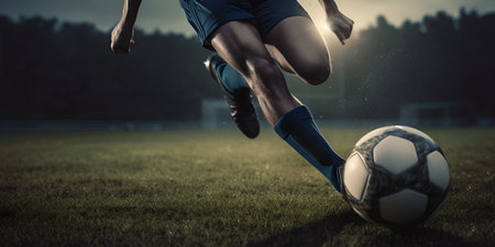 football game, football player kicks the ball, game and sport theme, horizontal photography. Generative AIの素材