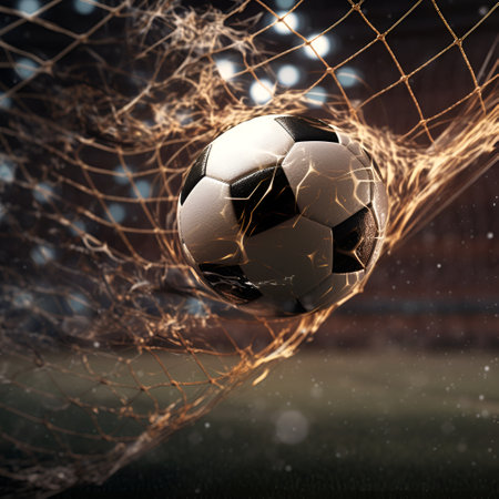 soccer ball breaks through the football goal net, game and sport theme, victory theme. Generative AIの素材
