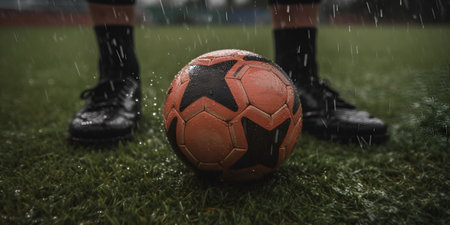 football player on the football field before the start of the match during the rain, the theme of the game and sports, the theme of victory. Generative AIの素材