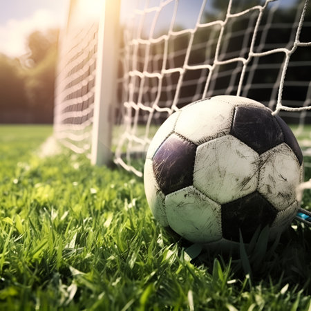 Soccer ball on green grass near soccer goal, game and sport theme. Generative AIの素材