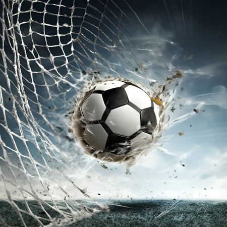 soccer ball breaks through the football goal net, game and sport theme, victory theme. Generative AIの素材