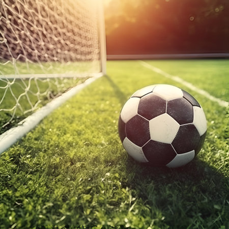 Soccer ball on green grass near soccer goal, game and sport theme. Generative AIの素材