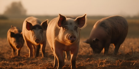 Little piglets close-up, agriculture theme. pink pig. horizontal shot. Generative AI