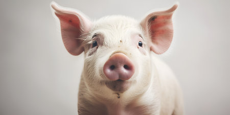 Little piglet close-up, agriculture theme. pink pig. horizontal shot. Generative AIの素材