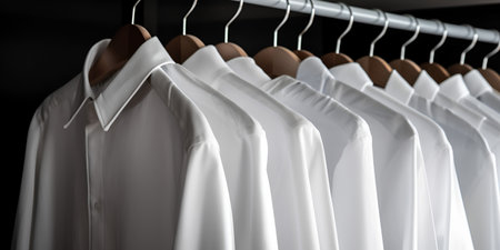 Lots of white shirts hanging on a hanger in the closet. White shirt. Generative AIの素材