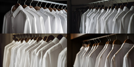 Lots of white shirts hanging on a hanger in the closet. White shirt. Generative AIの素材