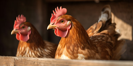 chickens in the henhouse on the farm, close up, Happy chickens on an organic farm, Generative AIの素材