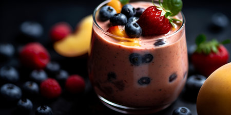 Smoothie with fresh berries and yogurt in a glass on a dark background.の素材