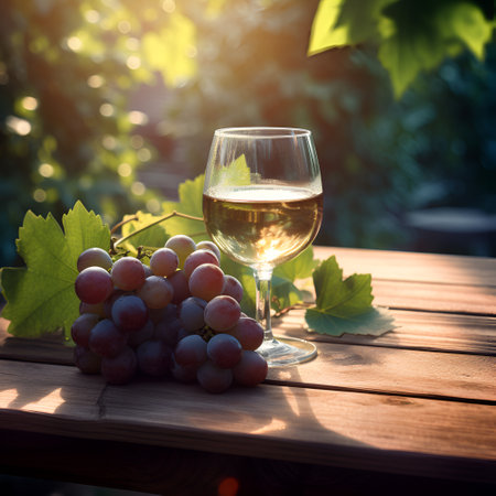 Wine glass and grapes on wooden table in vineyard in sunlight. Generative AIの素材