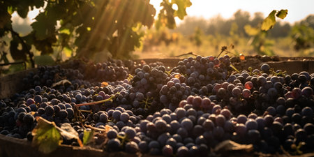 bunch of grapes in the sun vineyards, harvest, banner, illustration. Generative AIの素材