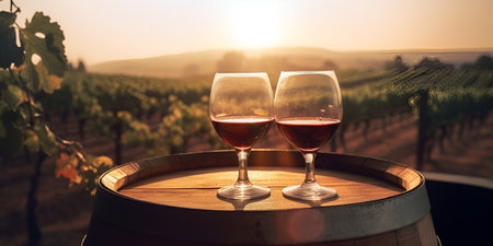 Two glasses of red wine on wooden barrel in vineyard in Tuscany, Italy. Generative AIの素材