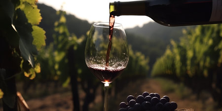 wine in a glass on the background of vineyards, harvest, banner, illustration. Generative AIの素材