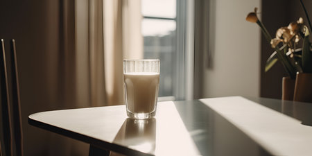 Glass of milk on the table in the living room. selective focus. Generative AIの素材