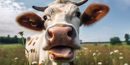 Close-up portrait of a white cow in a meadow. Generative AIの素材