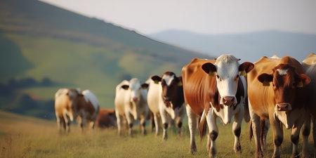 Herd of cows grazing in a field on the hills. selective focus. Generative AIの素材