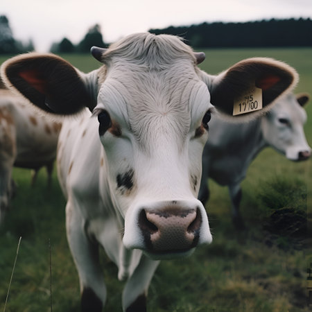 Close up of a cow in the field with a sign on it. Generative AIの素材