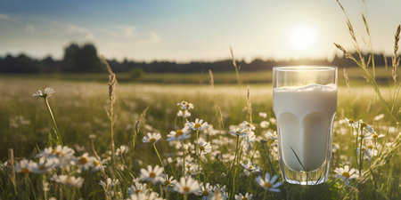 Milk in a glass on a meadow with daisies Generative AIの素材