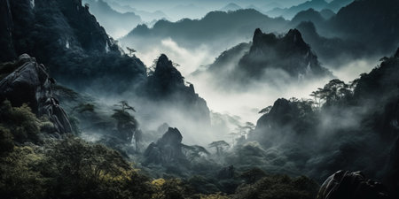photorealistic photography of nature at dawn. Mountains in the fog early in the morning. Generative AIの素材