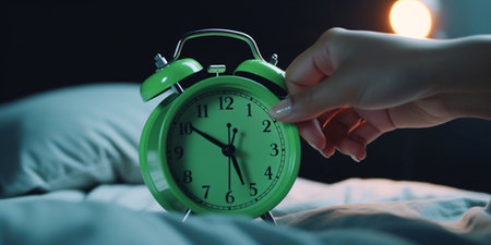 Woman's hand turning off the alarm clock on the bed at night. Generative AIの素材