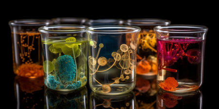 Medical laboratory Petri dishes. Bacteria in a test tube. Generative AIの素材