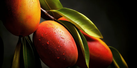 mango branch, ripe mango close-up. Generative AIの素材