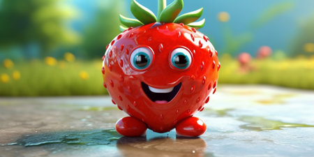 Funny strawberry with a smiley face in the garden. 3d illustration. Generative AIの素材