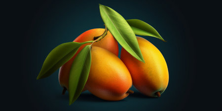 Mango fruit with leaves on dark background. 3d illustration. Generative AIの素材
